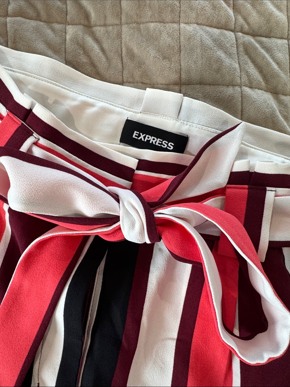 Express Striped Tie-Waist Pants in White, Burgundy, Red & Black
